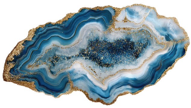 Polished agate slice with captivating blue, white, and golden details, presenting a geode aesthetic