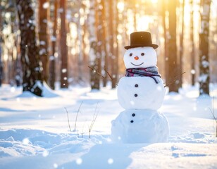 Obraz premium A snowman in a snowy forest with a hat and scarf