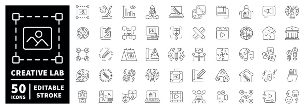 Creative agency outline icon set: editable stroke thin line style for media and marketing