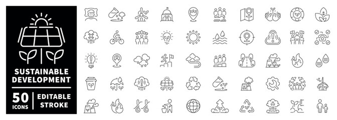 Naklejka premium Sustainable development outline icon set with editable stroke and thin line style