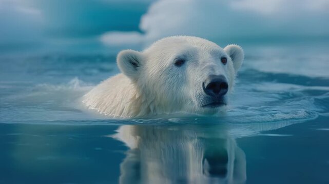 Polar bear swimming in icy blue arctic water with its head above the surface. White bear paddling near ice floes in a cold ocean. Wildlife and climate change concept. B-roll