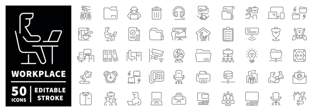 Workplace outline icon set: editable stroke, thin line symbols for office and business