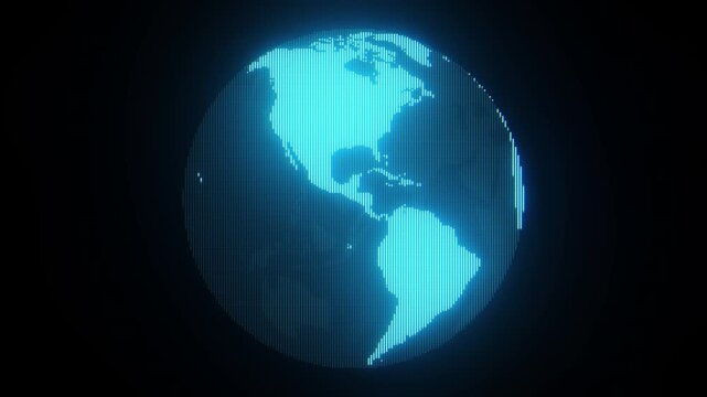 CRT blue glowing dotted planet Earth isolated on a black background. Moving the blue planet in a retro screen design. Big data technology, business, communication, or digital concept