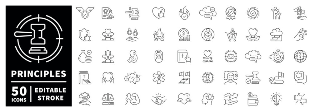 Principles icons set: outline editable stroke symbol collection in thin line style