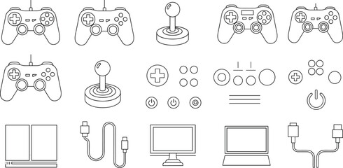 Video game controller outline icon set with gamepads, joystick arcade stick, console cables, monitor screen and gaming interface buttons vector illustration © AntarChandra