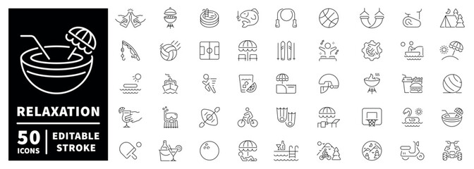 Fototapeta premium Relaxation icon set: linear editable stroke style with thin line design for leisure activities