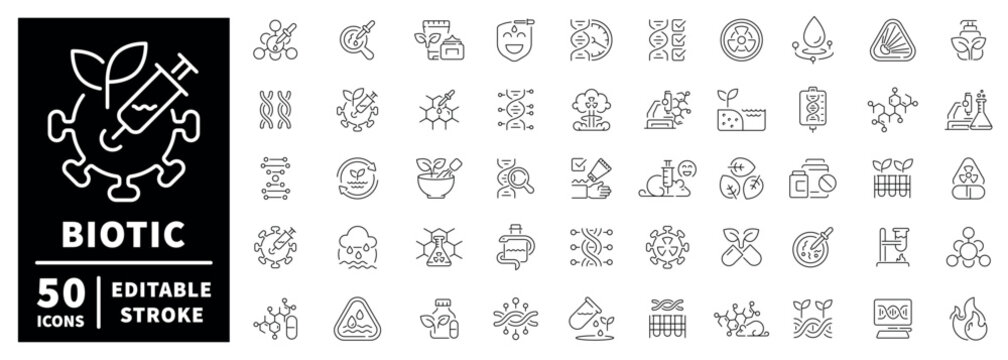 Biotic line icons set with editable stroke in thin line style for eco science and health
