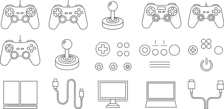 Video game controller outline icon set with gamepads, joystick arcade stick, console cables, monitor screen and gaming interface buttons vector illustration
