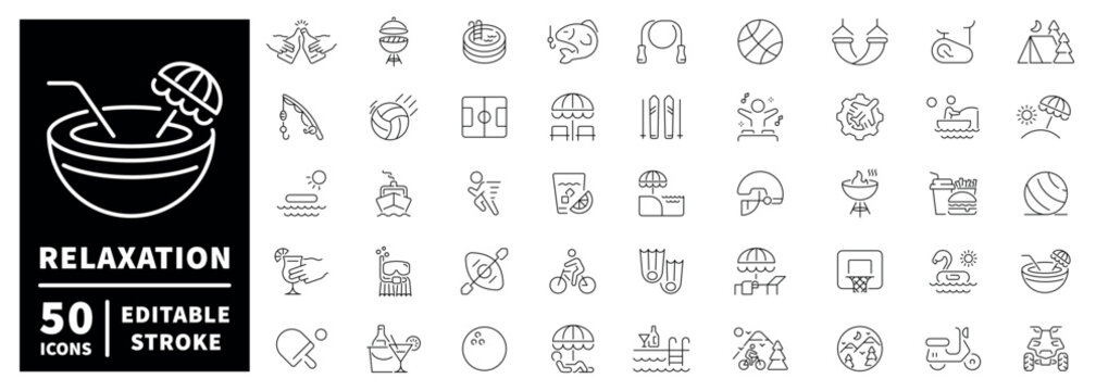Relaxation icon set: linear editable stroke style with thin line design for leisure activities