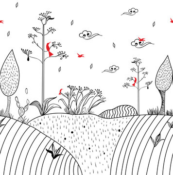 Spring landscape with Hand drawn bired , leaves border pattern on white background