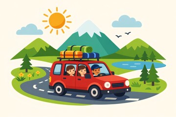 Fototapeta premium Family enjoying a sunny summer road trip through mountain scenery, driving by a lake and pine forests with parents and child sharing a joyful outdoor travel adventure