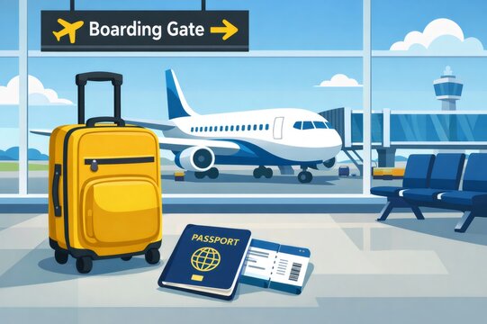 Travelers' carry on luggage and documents beside empty terminal seats, view through large windows to an aircraft at the jet bridge under a bright blue sky, ready to depart