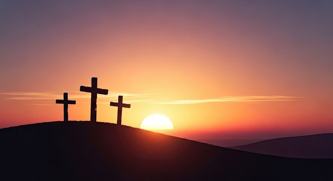 Three Christian crosses on a hill in the setting orange sun, a symbol of faith, hope, and resurrection