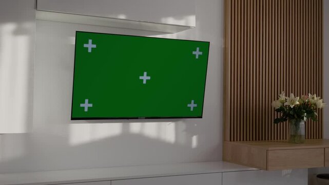 A green screen television is placed in a living room setting. The modern design includes a flower arrangement nearby. Perfect for filming or editing projects.