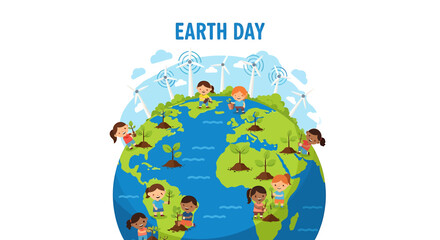 Naklejka premium Earth Day Celebration With Globe And Children. Vector Illustrations. EPS Editable