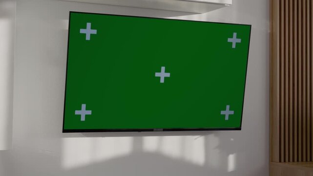 The green screen television displays a solid color background in a living room setting. This setup allows for easy video editing and content creation.