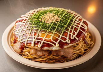 Obraz premium A mouthwatering japanesestyle spaghetti dish with egg and meat on a plate