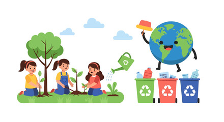 Fototapeta premium Kids planting trees for a greener planet initiative. Vector Illustrations. EPS Editable