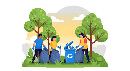 Fototapeta premium Volunteer Group Cleaning Up Litter in Park. Vector Illustrations. EPS Editable