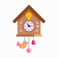 Cartoon Cuckoo Clock with Bird and Pendulum Flat Design Isolated on White