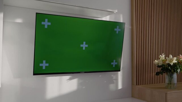 A green screen television sits in a living room. This setup allows for the use of chroma keying for various video projects at home.