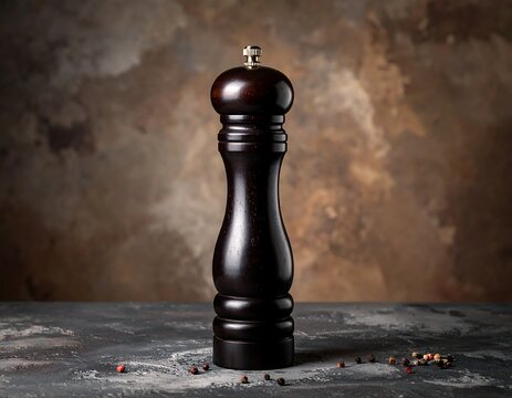 A tall, dark brown wooden pepper mill on a gray surface