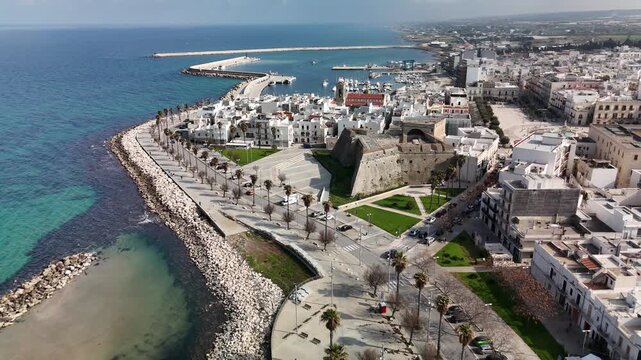 Aerial Drone View of Mola di Bari Coastal Town in Puglia, Italy