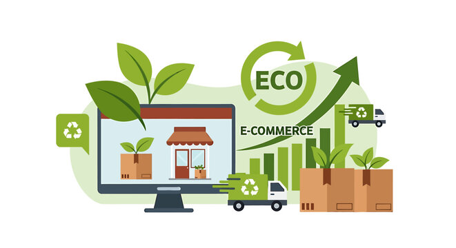 Eco Friendly Online Shopping Concept With Plants And Delivery. Vector Illustrations. EPS Editable