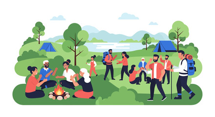 Naklejka premium Group Of People Having Outdoor Picnic In Park. Vector Illustrations. EPS Editable