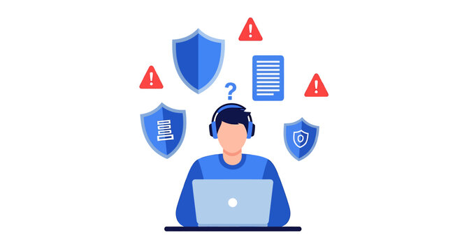 Person Using Laptop With Security Icons. Vector Illustrations. EPS Editable