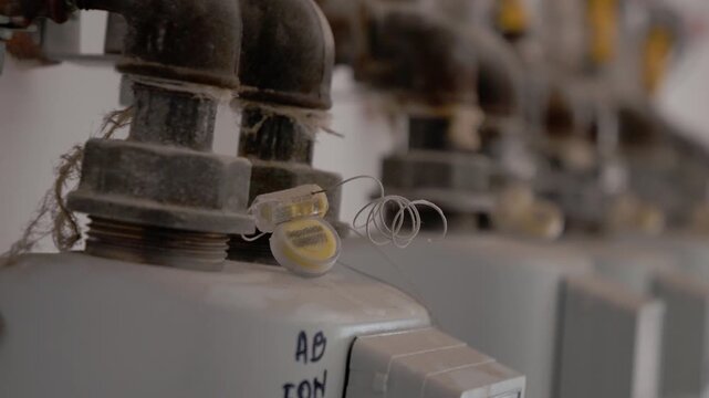 Gas installations are visible in the stairwell of a block of flats. The pipes and meters are in place showing the structure and arrangement of the system.