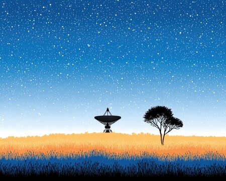 Radio Telescope Silhouette under a Starry Night Sky. Vector Illustration concept for Astronomy, SETI, Space Exploration, and Cosmic Communication.