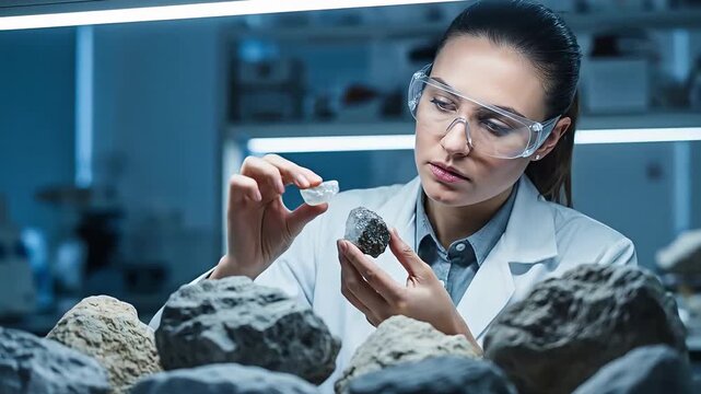 Scientist examines rock samples in laboratory setting with protective gear and equipment around her.