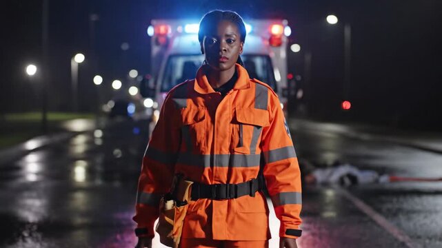 African american woman paramedic walking towards camera at night. Emergency response professional in orange reflective gear near flashing ambulance lights. Urban medical rescue scene concept.