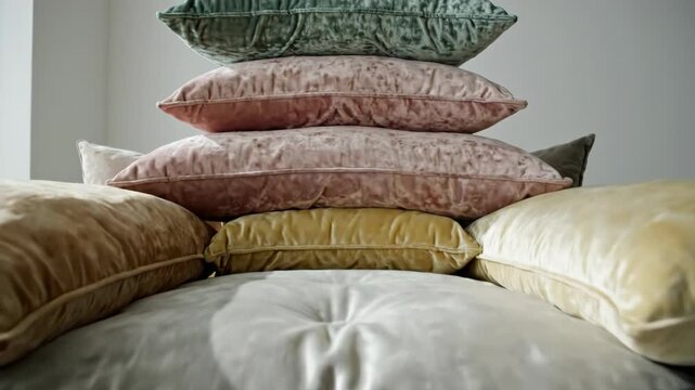 Pillows stacked to form armchair shape in modern room. Soft cushions arranged creatively for seating. Interior design concept using textiles for comfortable furniture alternative.