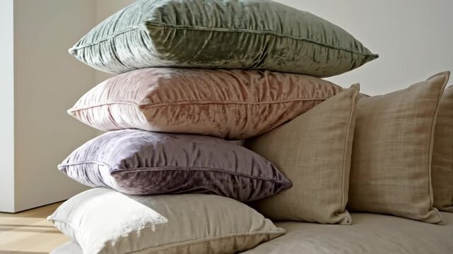 Pillows stacked to form armchair in modern room. Colorful cushions creating comfortable seating. Creative interior design and home decor concept.