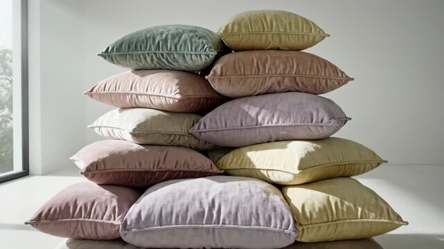 Stack of colorful pillows forming armchair in modern room. Soft cushions arranged into comfortable seat shape. Cozy interior design and home decor concept.