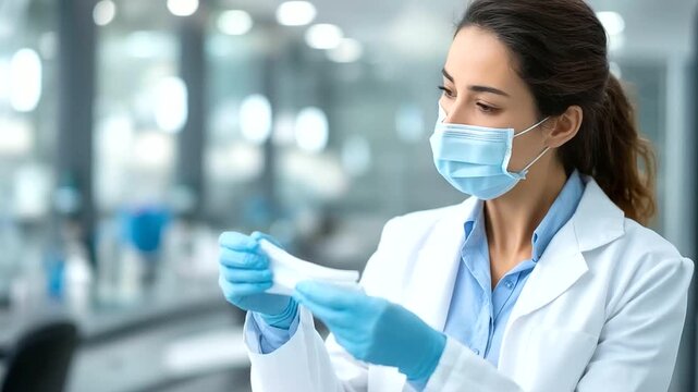 Professional dentist inspecting sterilization pouch containing dental tools, masked and gloved, clinical hygiene protocol, infection control practice, faceless dentist examining,