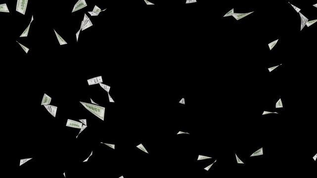Successful Business Concept with 3D Dollar Notes Bursting and Scattering. Explosion of US Currency Bills with Dynamic Motion and Motion Blur. 3D Dollar Notes Exploding and Flying.