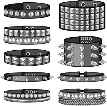 Collection of various studded leather bracelets, wristbands, and bangles presenting stylish metal spikes, studs, and chains, symbolizing alternative fashion, punk, and rock culture