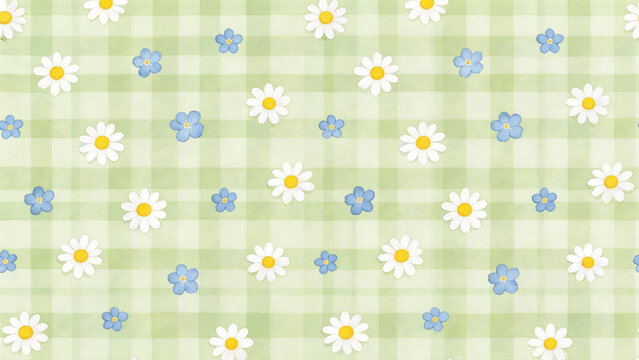 Seamless watercolor daisy and forget-me-not pattern on green gingham background