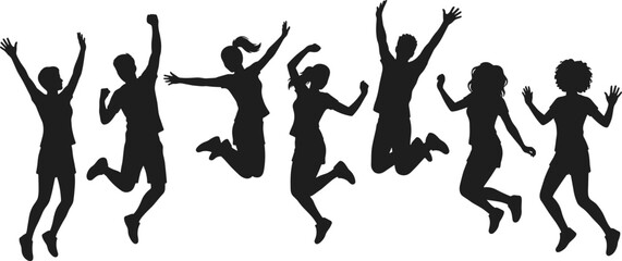 Happy people jumping silhouettes set, men and women celebrating success, joy excitement energy action vector illustration collection