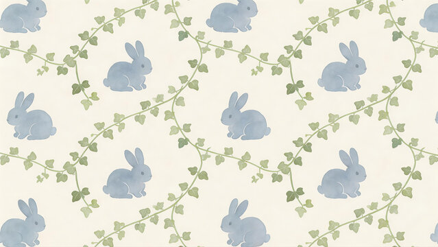 Seamless watercolor pattern with blue bunnies and green ivy vines