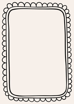 Hand drawn decorative frame with scalloped border and rounded corners. Minimal doodle outline creating elegant empty template for card, poster, invitation or page layout