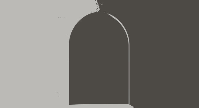 Abstract arched portal with stark light and dark contrast, minimalist architectural design symbolizing entry, exit, and transition.