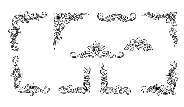 Elegant floral corner decoration collection vector with ornamental leaf scrolls