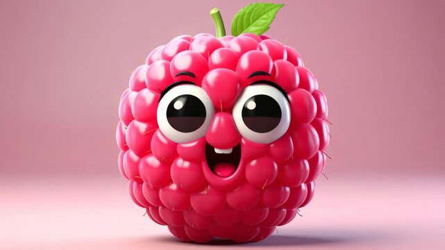 Smiling cartoon raspberry fruit character with green leaf and expressive eyes over pink studio backdrop