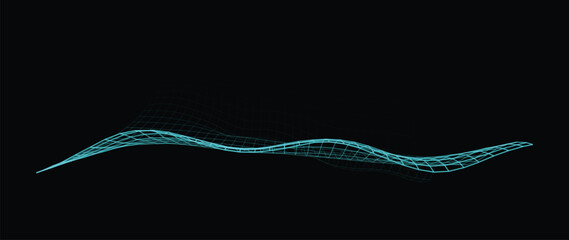 Minimal futuristic wireframe mesh landscape with geometric grid waves on dark background © ket4up