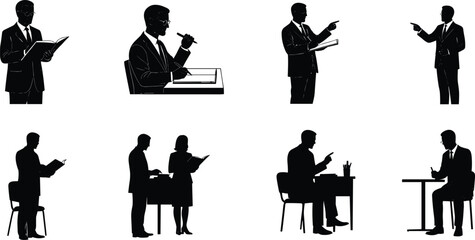 Silhouettes of business people and professionals in various actions and poses, vector illustration on white background, business professional