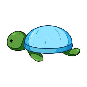 Adorable green turtle with a blue shell as a playful bath toy floating in water, cute childlike illustration symbolizing childhood, play, marine life and relaxation